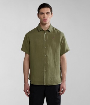 Napapijri Linen Short Sleeve Shirt Overhemd Heren Groen | ISHWKCJ-20