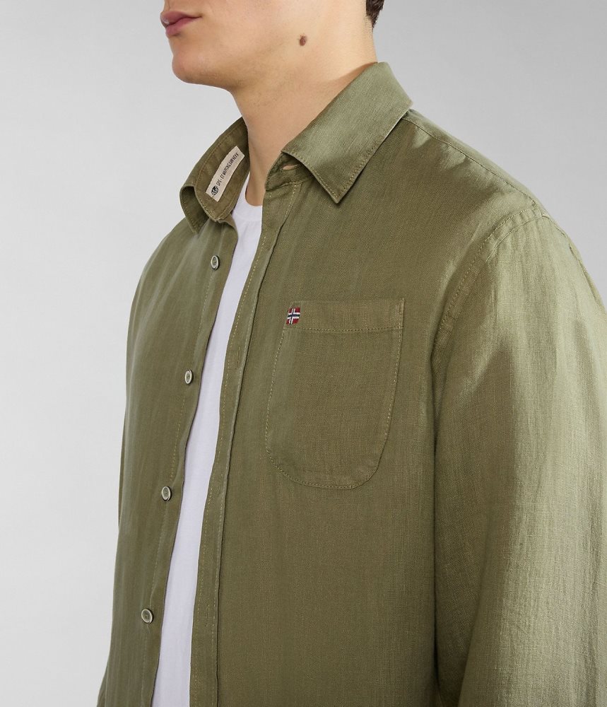 Napapijri Linen Long Sleeve Shirt Overhemd Heren Groen | XHFACMR-65