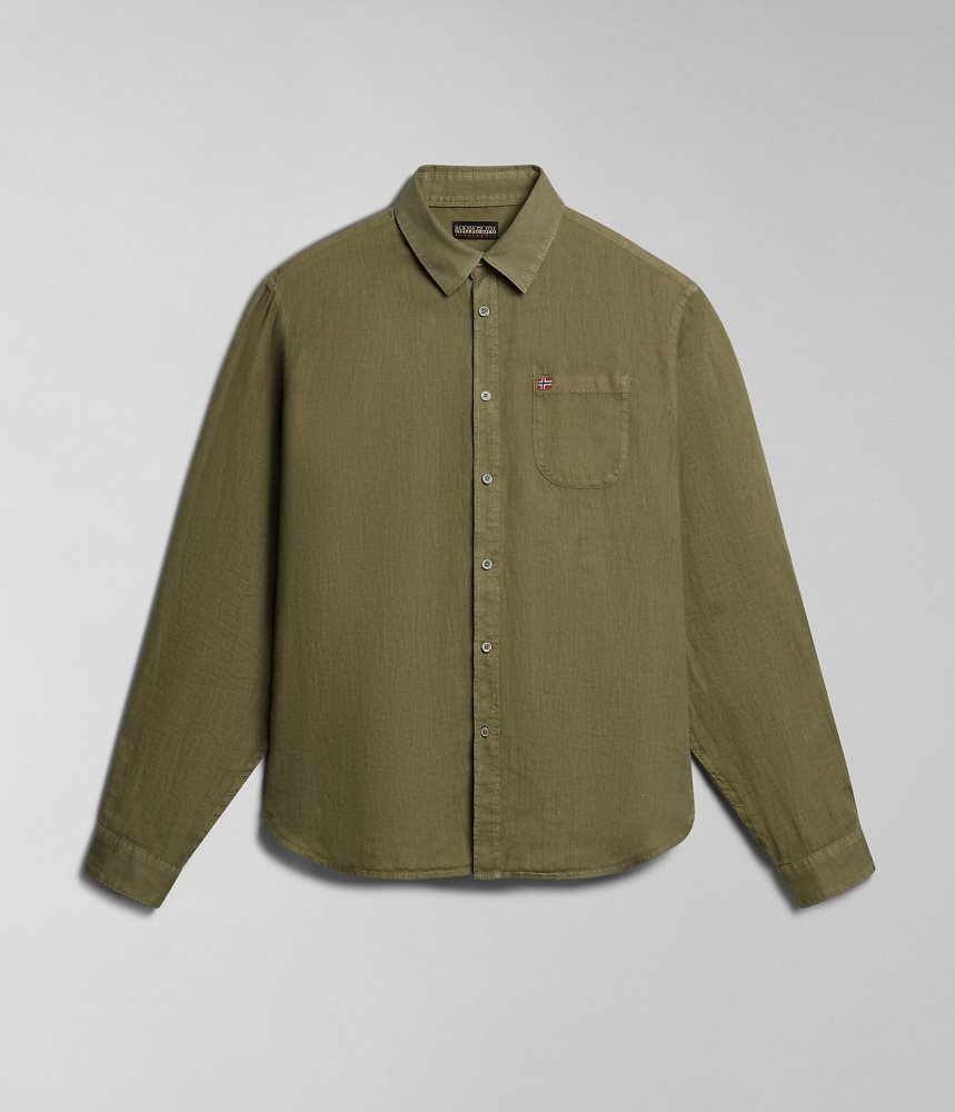 Napapijri Linen Long Sleeve Shirt Overhemd Heren Groen | XHFACMR-65