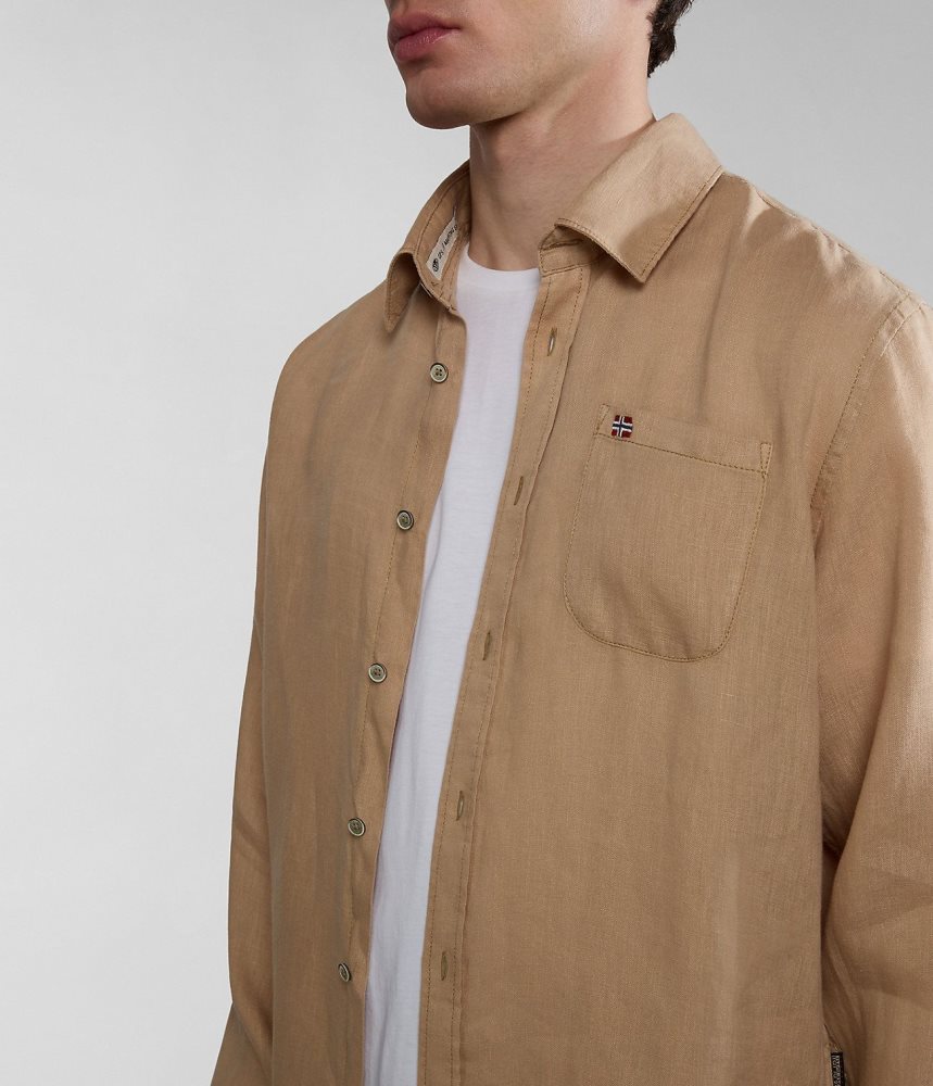 Napapijri Linen Long Sleeve Shirt Overhemd Heren Beige | NCEVGYL-47