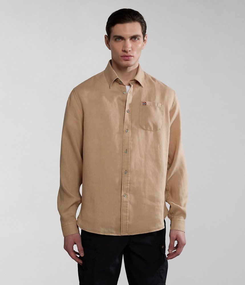 Napapijri Linen Long Sleeve Shirt Overhemd Heren Beige | NCEVGYL-47