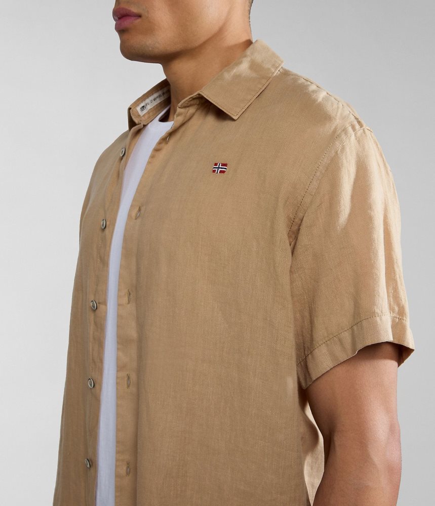 Napapijri Linen Short Sleeve Shirt Overhemd Heren Beige | WKNTVCR-16