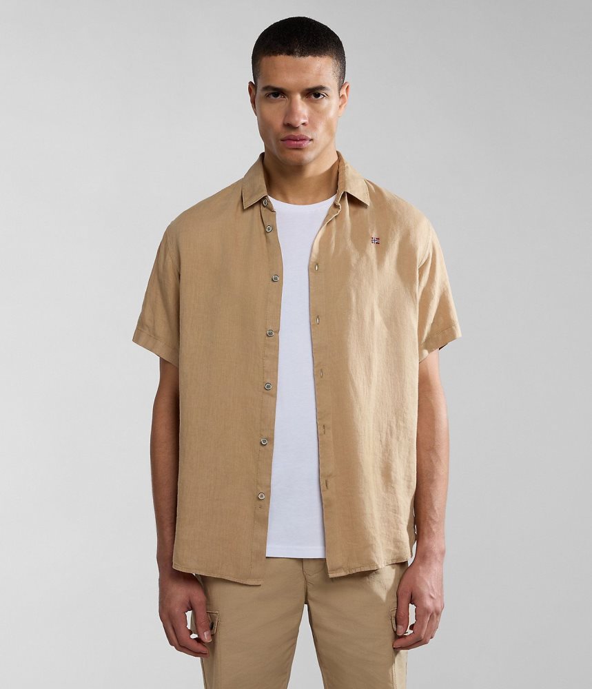 Napapijri Linen Short Sleeve Shirt Overhemd Heren Beige | WKNTVCR-16