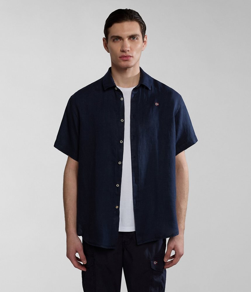 Napapijri Linen Short Sleeve Shirt Overhemd Heren Donkerblauw | ZCFVDMN-93