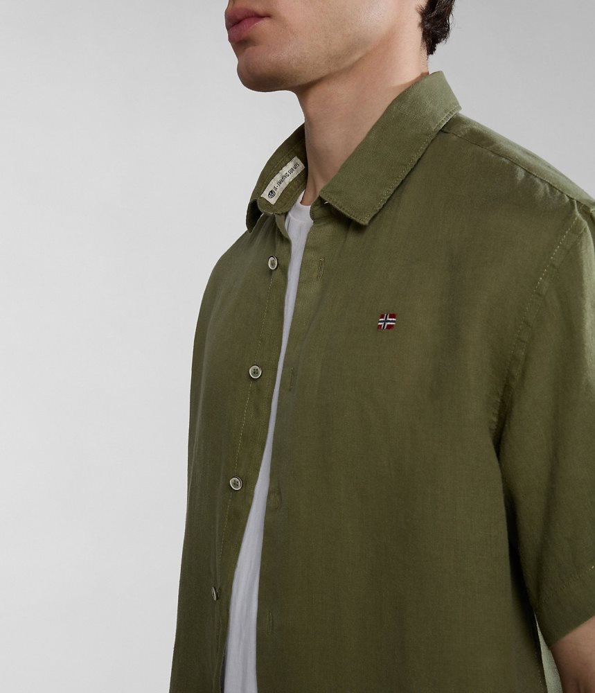 Napapijri Linen Short Sleeve Shirt Overhemd Heren Groen | ISHWKCJ-20